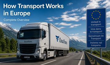 Transport ciężarowy po europejskich autostradach – logistyka, przepływ ładunków między krajami UE, nowoczesny łańcuch dostaw
